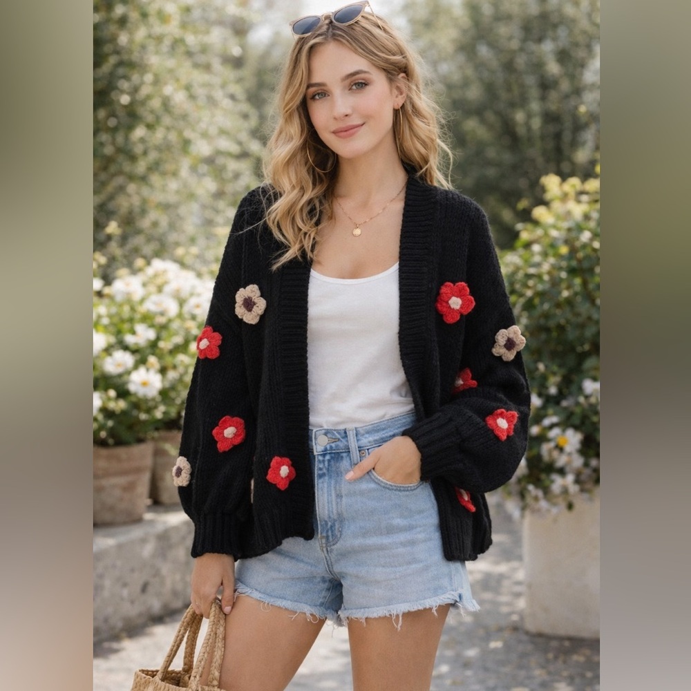 Floral Appliqué Open Front Knit Cardigan